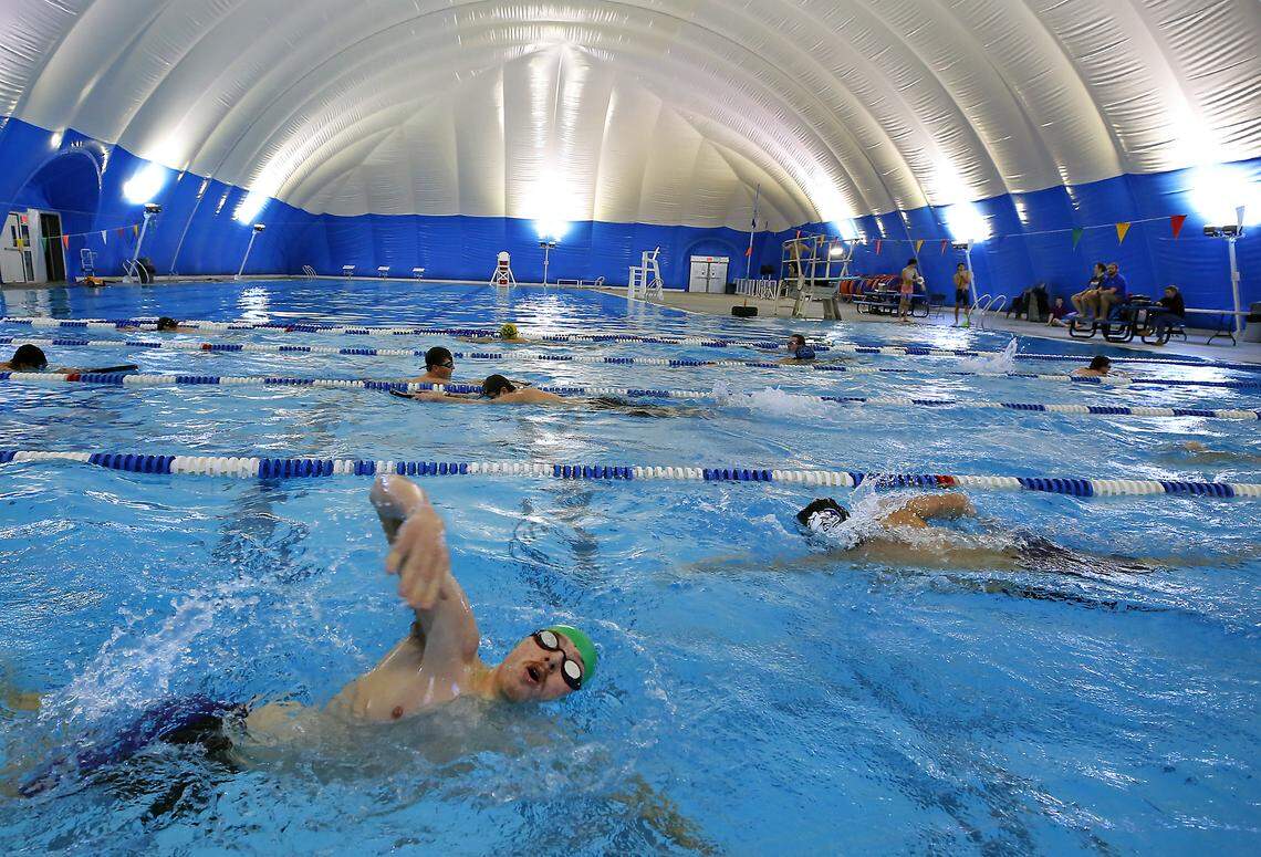 Swimmer Samuel Macduff a senior at Pasco High School, practices with his Pasco School District swim team members recently inside the nearly $2 million bubble dome over the Olympic-sized pool at Pasco's Memorial Pool.