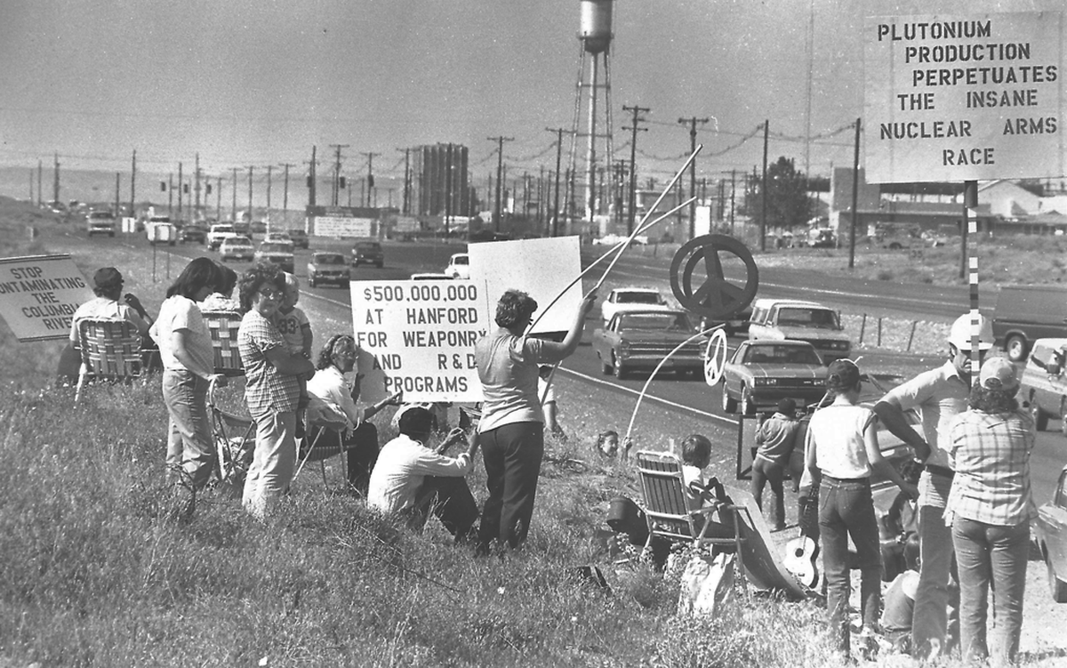 Members and supporters of World Citizens for Peace, a Tri-Cities anti-nuclear weapons group, protested in May 24, 1983. Demonstrators opposed the re-start of the Hanford site Purex Plant, which helped produce plutonium for the nation’s nuclear weapons program.