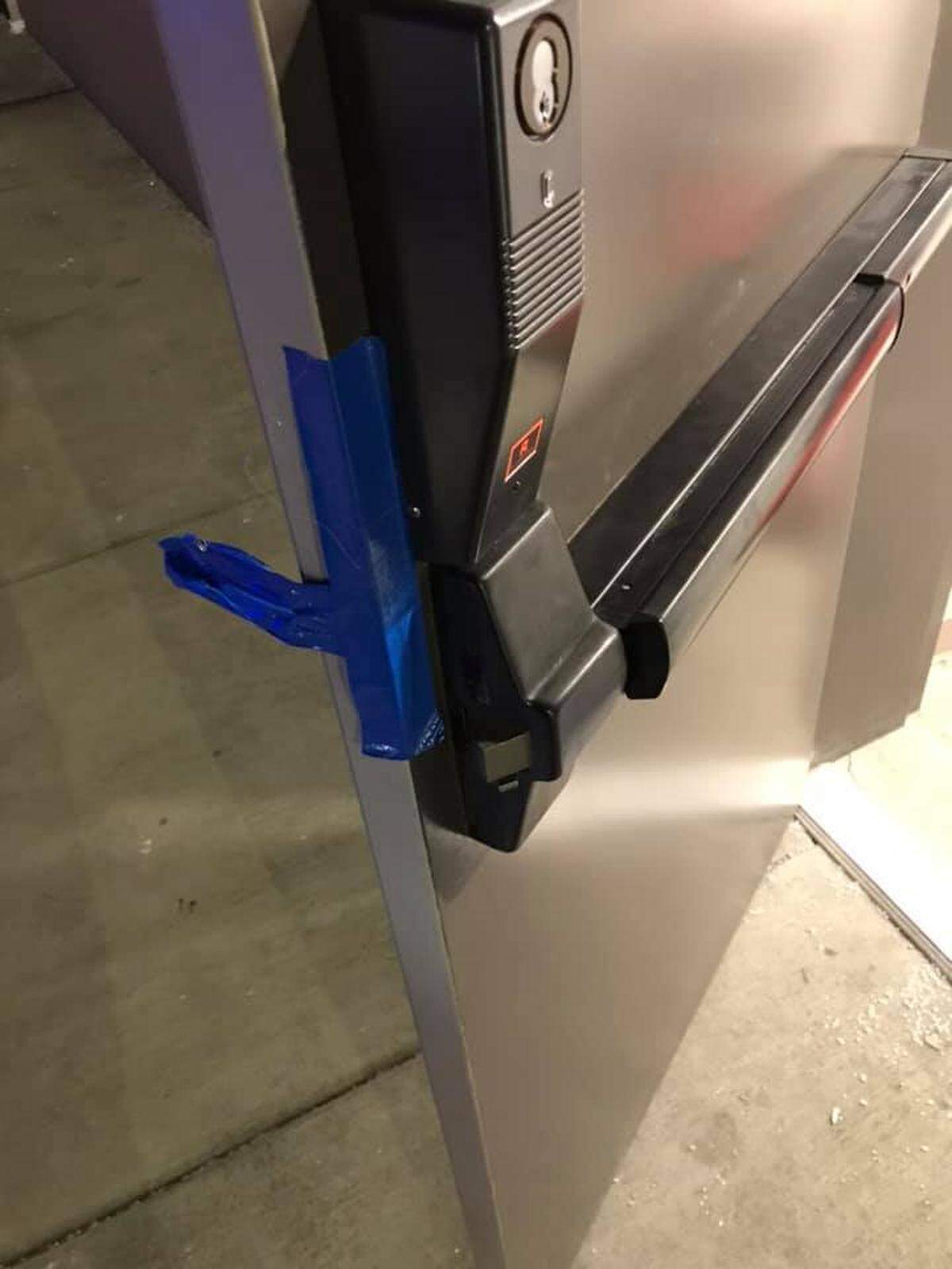 Someone put tape over a latch on the side door of the Goodwill store on Columbia Center Boulevard preventing it from closing. Two people used the entrance to get into the store.