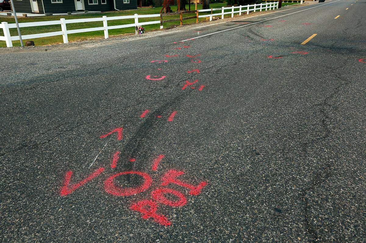 Police markings show where a Toyota Camry collided with a 1933 Willys hot rod Sept. 4 at West Court Street and Road 88 in west Pasco. Shirley L. Nelson, 63, died and her passenger was severely injured.
