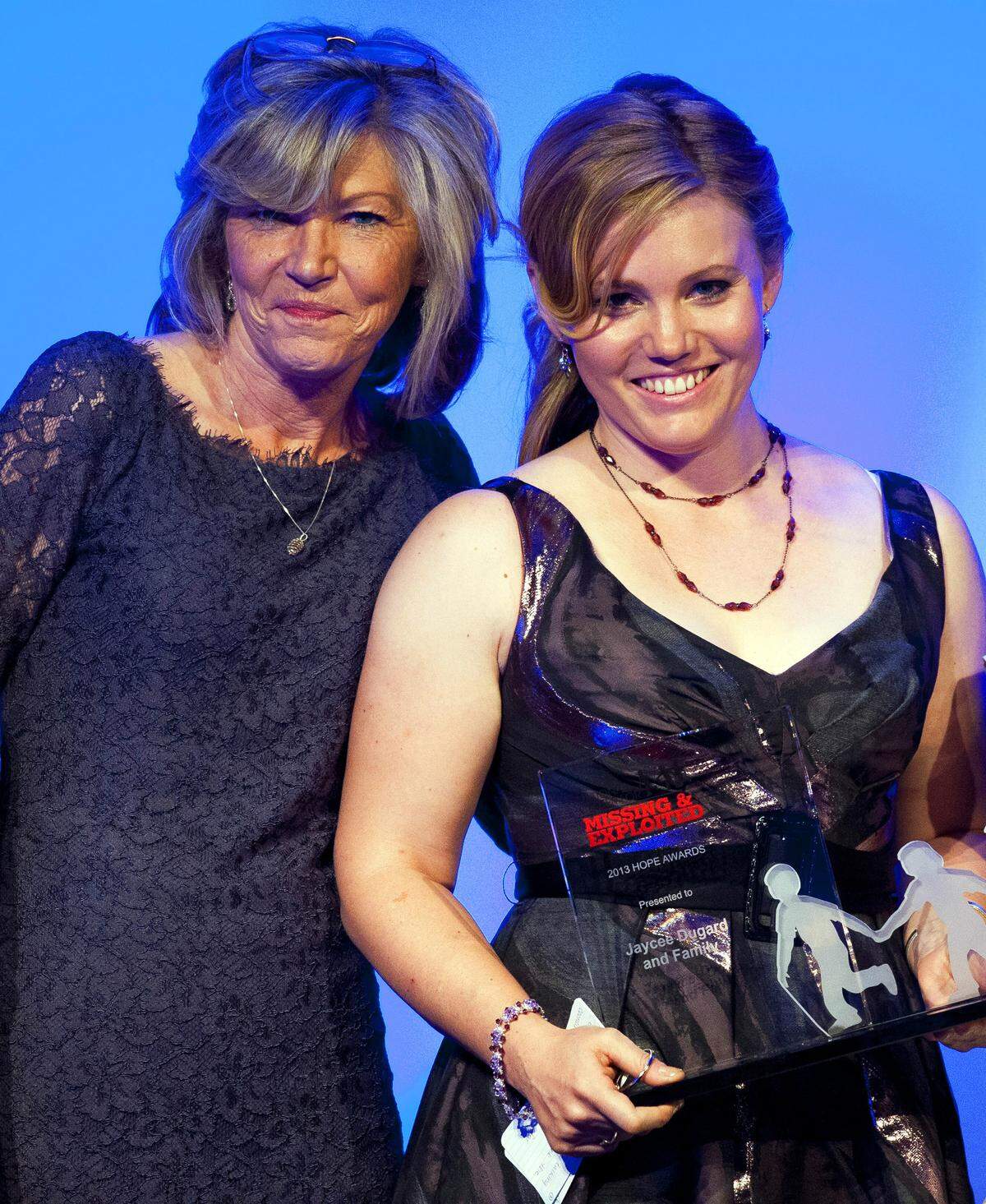 In this May 7, 2013 file photo, Jaycee Dugard, right, who was abducted as a child and held for 18 years, and her mother, Terry Probyn, appear with their Hope Award at the National Center for Missing and Exploited Children annual Hope Awards in Washington.