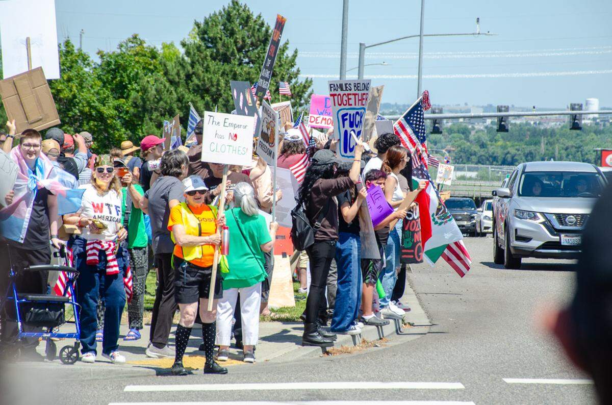 Thousands gathered Saturday, June 14, along Columbia Center Boulevard in Kennewick, Washington, for the nationwide “No Kings” protest. They demonstrated against President Donald Trump’s policies and against arrests made in the Hispanic community by U.S. Immigration and Customs Enforcement, or ICE. 