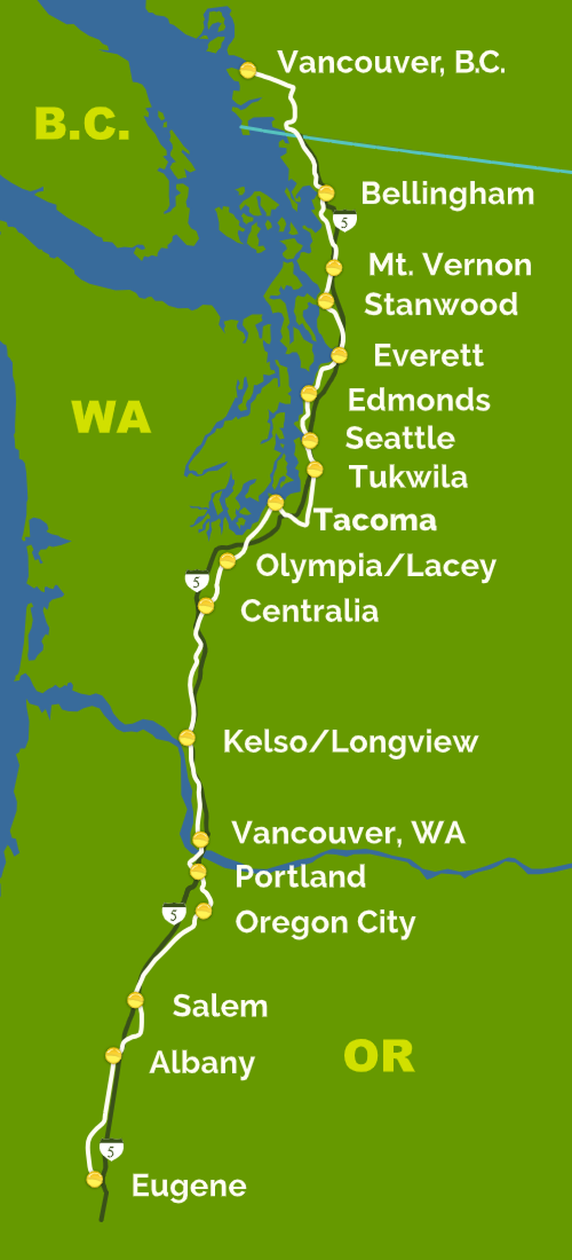 The 18 stations comprising Amtrak Cascades span from Eugene, Oregon to Vancouver, B.C. in Canada.