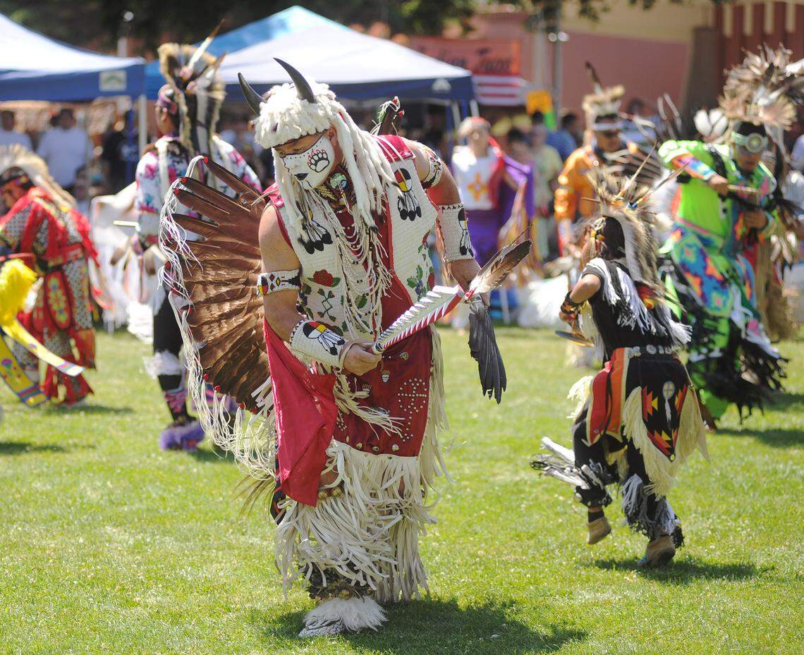 A member of the Confederate Tribes of the Colville Reservation dances at an intertribal pow wow.