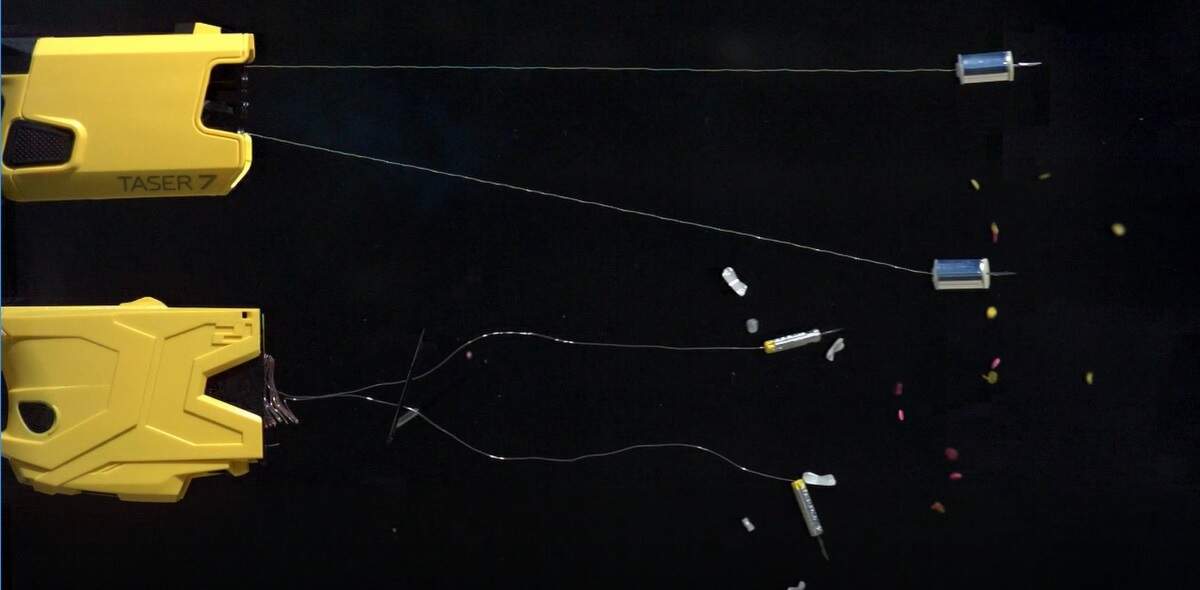 Promotional material from Axon shows two Tasers firing their barbs. If they connect, officials say the jolt makes the person’s muscles contract all at once. But once the cycle is finished, people recover quickly.