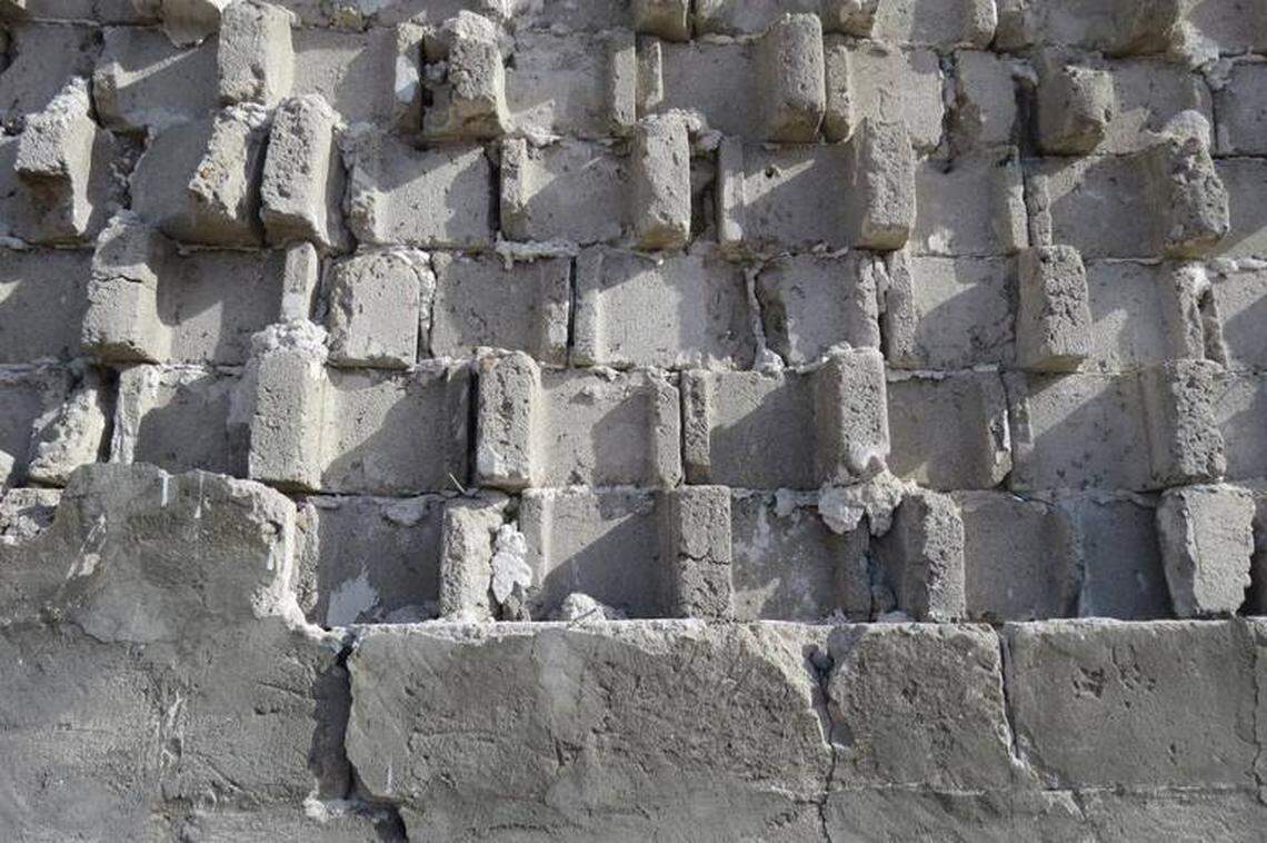 The White Bluffs Bank was constructed from an early form of concrete blocks, with front and back pieces interlocking together.