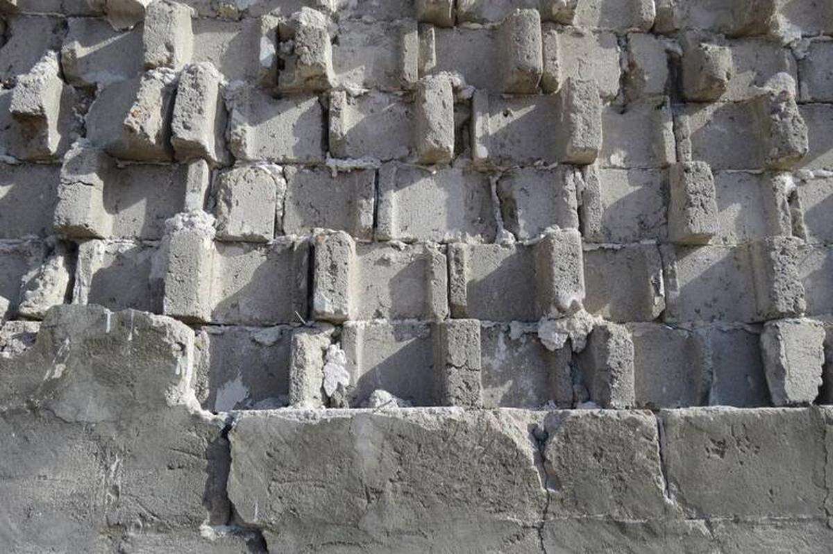 The White Bluffs Bank was constructed from an early form of concrete blocks, with front and back pieces interlocking together.