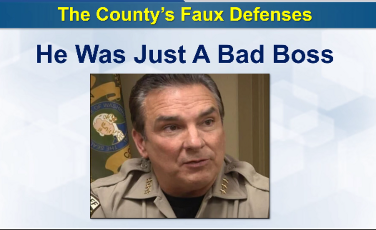 A slide from a presentation attorneys made during closing arguments in a lawsuit against Benton County over the behavior of recalled Sheriff Jerry Hatcher.
