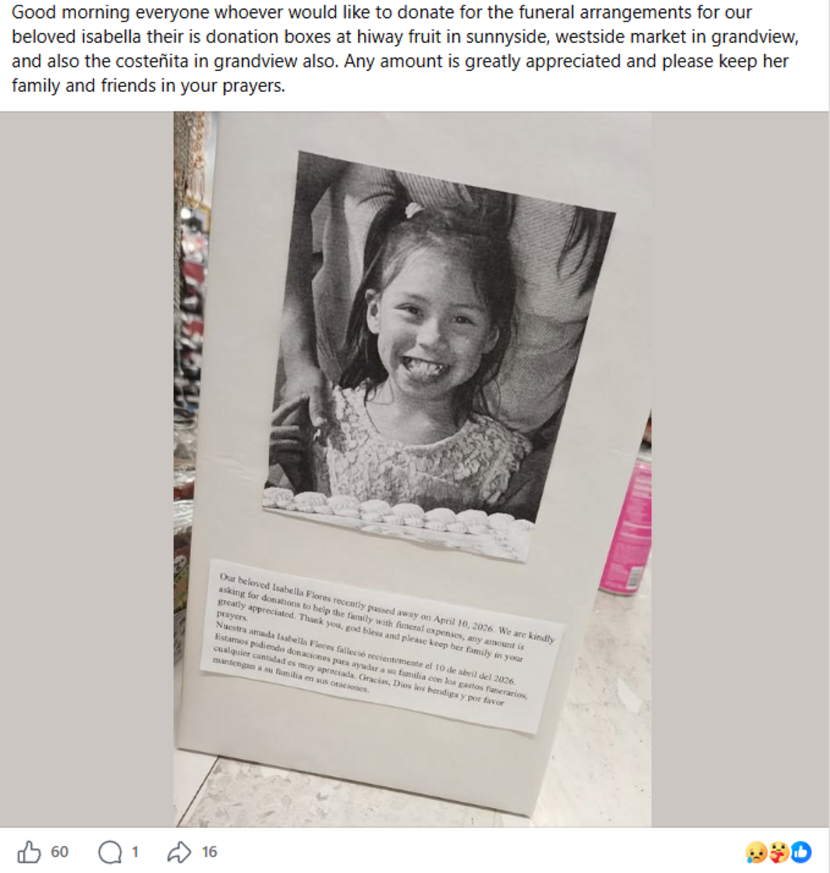 Donation boxes were set up in Grandview and Sunnyside for the Prosser girl who died after being pulled from a canal in Prosser.