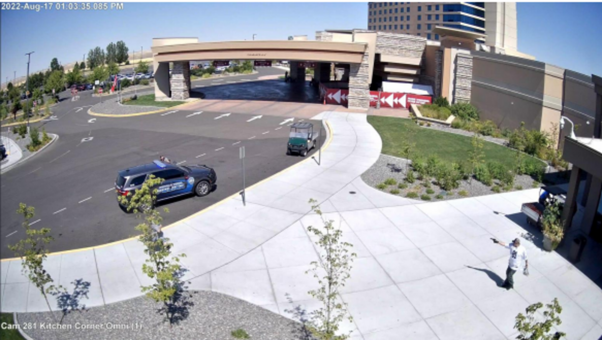 A security camera showed Javier Francisco Vigil Aug. 17 pointing a gun toward a law enforcement vehicle and holding a bag of cash after walking out of Wildhorse Resort and Casino on the Confederated Tribes of the Umatilla Reservation near Pendleton, Ore.