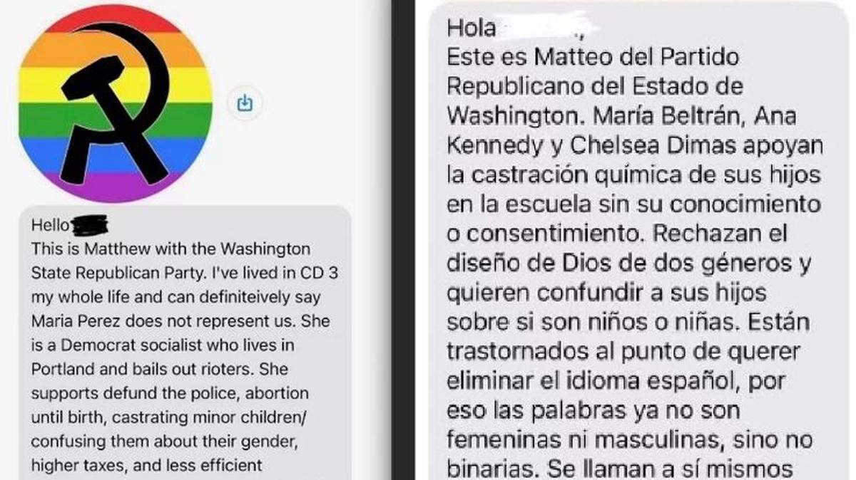 Text messages sent to voters by the Washington State Republican Party on Nov. 1, 2024, call Rep. Marie Gluesenkamp Perez a “socialist” and tell Spanish-speaking voters in Washington’s 14th legislative district that Democratic candidates “hate you” and “hate God.”