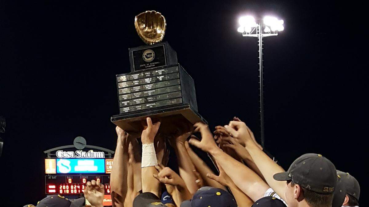 The Southridge Suns celebrate their state baseball title in May. They had four players and coach Tim Sanders selected to the 3A All-State team.