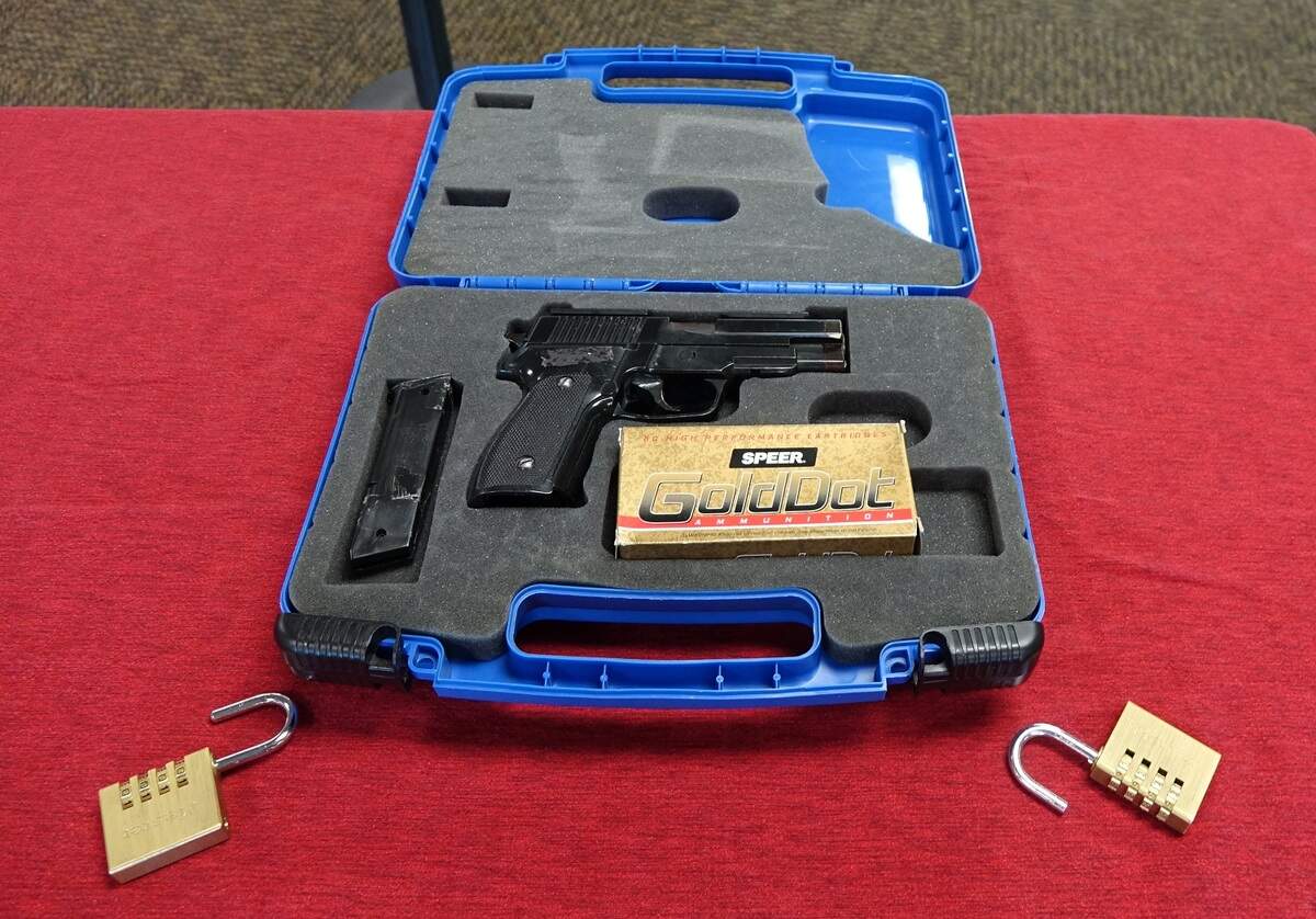 This photo shows the proper packaging for a firearm being checked to take on a flight.