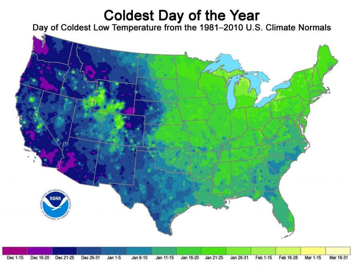 This National Oceanic and Atmospheric Administration maps shows the Tri-Cities area as dark purple, meaning it typically has its coldest day of the winter between Dec. 21 and Christmas.