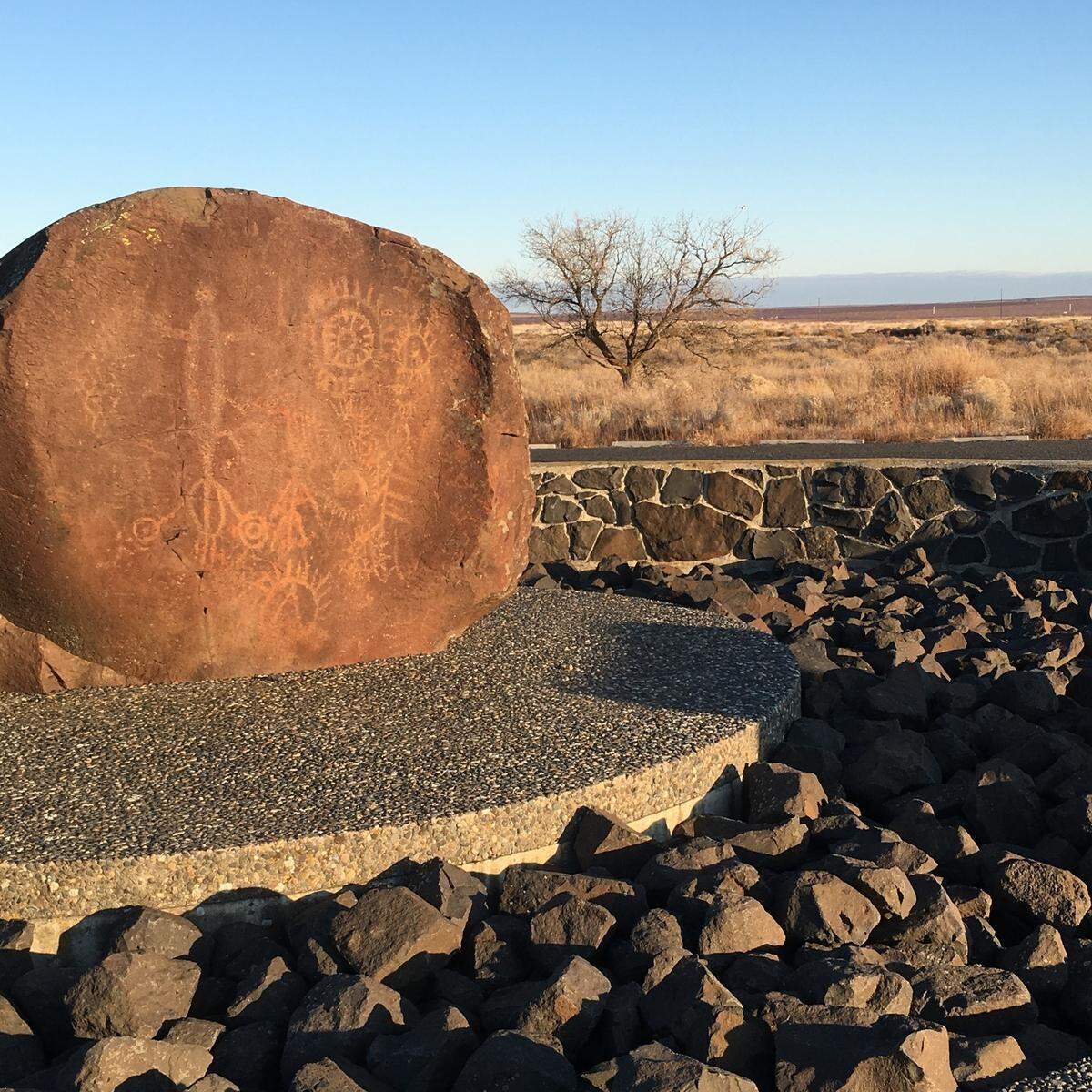 When surveying was being done before construction started on Ice Harbor Lock and Dam in 1956, a rock with petroglyphs was found along the edge of the Snake River.