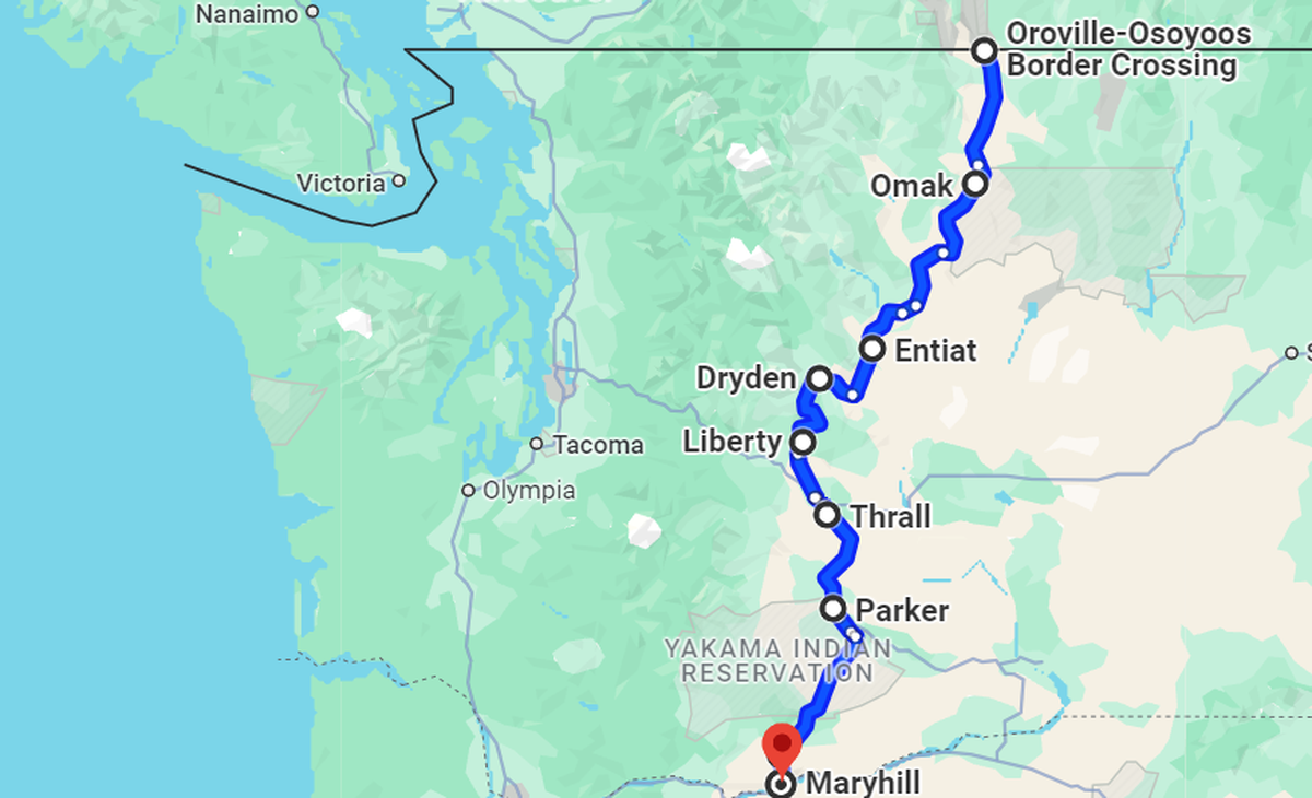 Highlights along the Washington stretch of US-97, as seen on Google Maps.