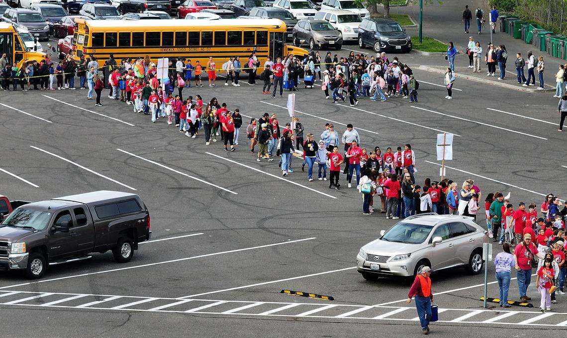 Elementary students from across Eastern Washington region release the salmon fry they raised through the Salmon in the Classroom program at the Columbia River in Kennewick’s Columbia Park.