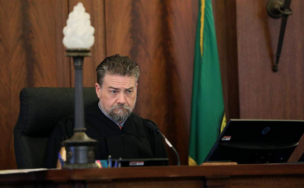 Judge Brandon Johnson from Walla Walla conducts Thursday’s court hearing in Franklin County Superior Court in Pasco.