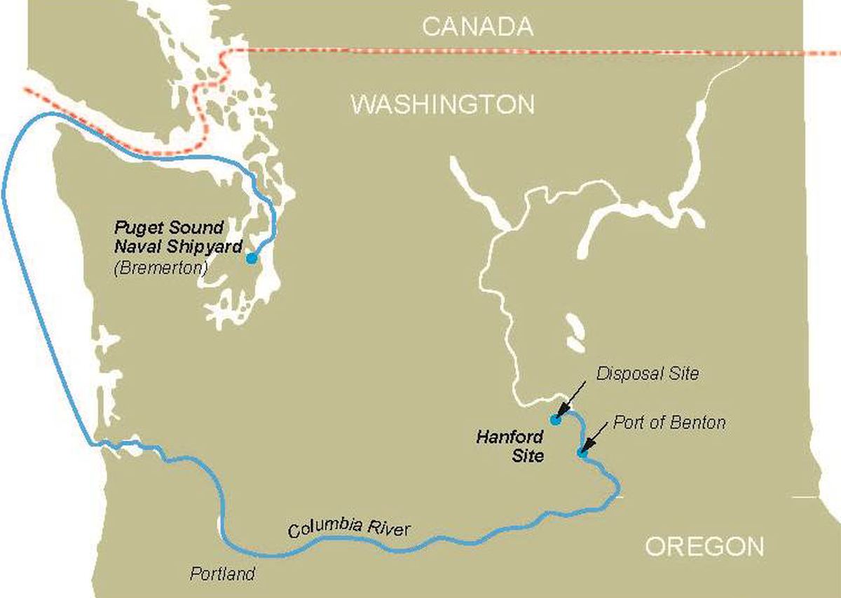 The current route used for defueled naval reactor plans from the Puget Sound Naval Shipyard to the Hanford nuclear reservation near Richland.