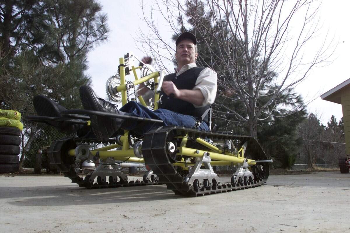 Pete Rieke of Pasco demonstrates the operation of a snowpod he and his partner Greg Coffey invented. Rieke and a group of three other paraplegics will use the machines during a climb up Californias 14,162­foot Mount Shasta in late May.