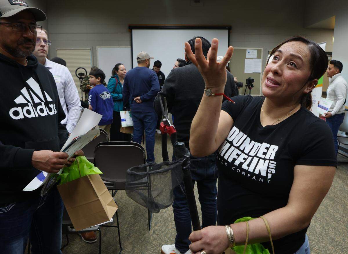 Patricia Oropeza demonstrates her winning innovation to improve Washington’s apple harvest at the Semillero de Ideas awards ceremony in Pasco. She created a prototype for a thinning tool with extendable scissors and a small basket at one end.