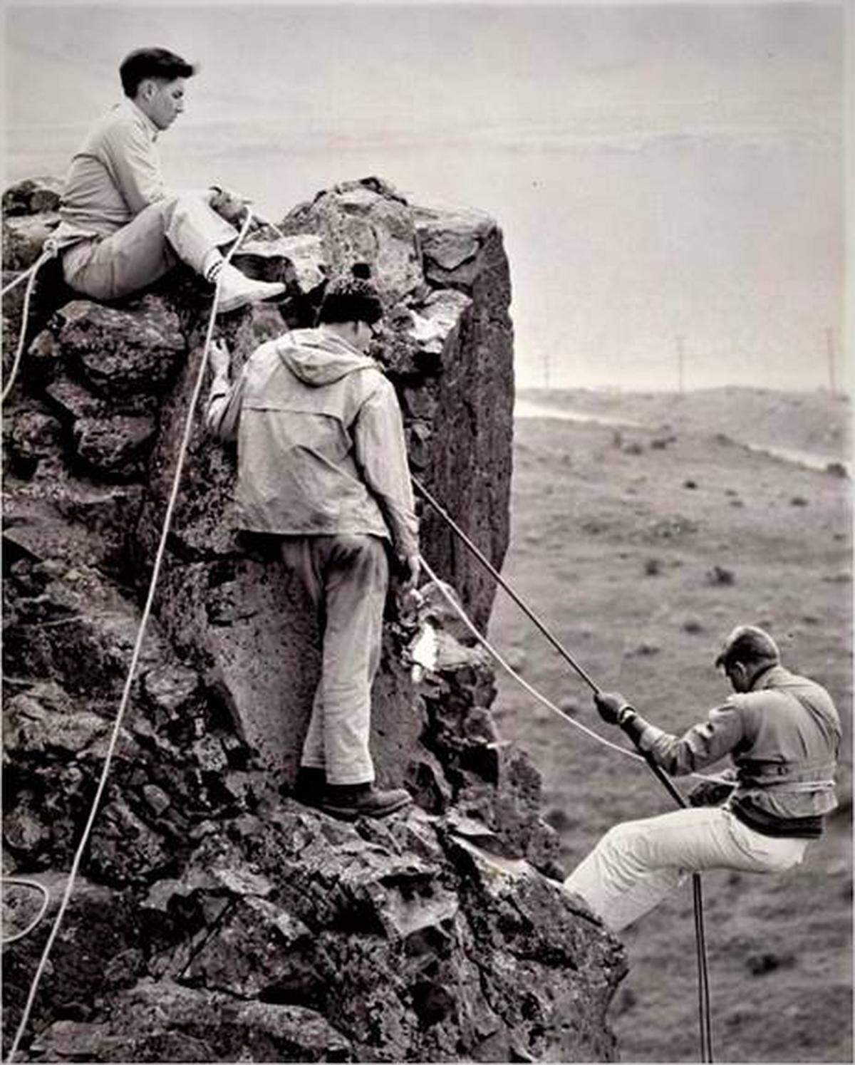 IMAC rock climbing practice at Twin Sisters near Wallula Gap in 1953.