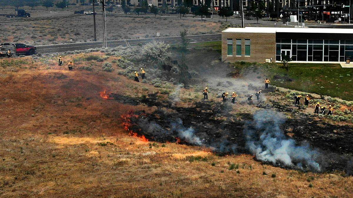 About 30 firefighters take part in a wild land training burn Friday morning off George Washington Way near Washington State University’s Wine Science Center in north Richland. The Pasco and Richland fire departments collaborated with several other area agencies to provide hands-on experience to new firefighters and as a refresher for the upcoming season for other crews. They had access to about 34 undeveloped acres as their outdoor classroom.