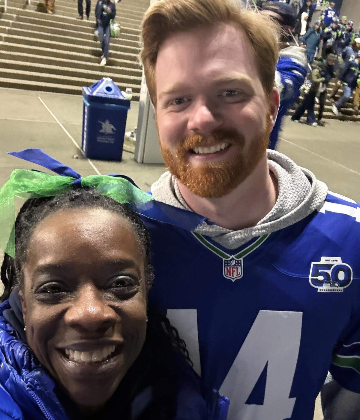 Seahawks superfan Pamela Michelle Kinsey, of Richland got a photo with Ben Conklin, aka Stan Darnold, a look-alike for Seattle quarterback Sam Darnold at Sunday's playoff game.