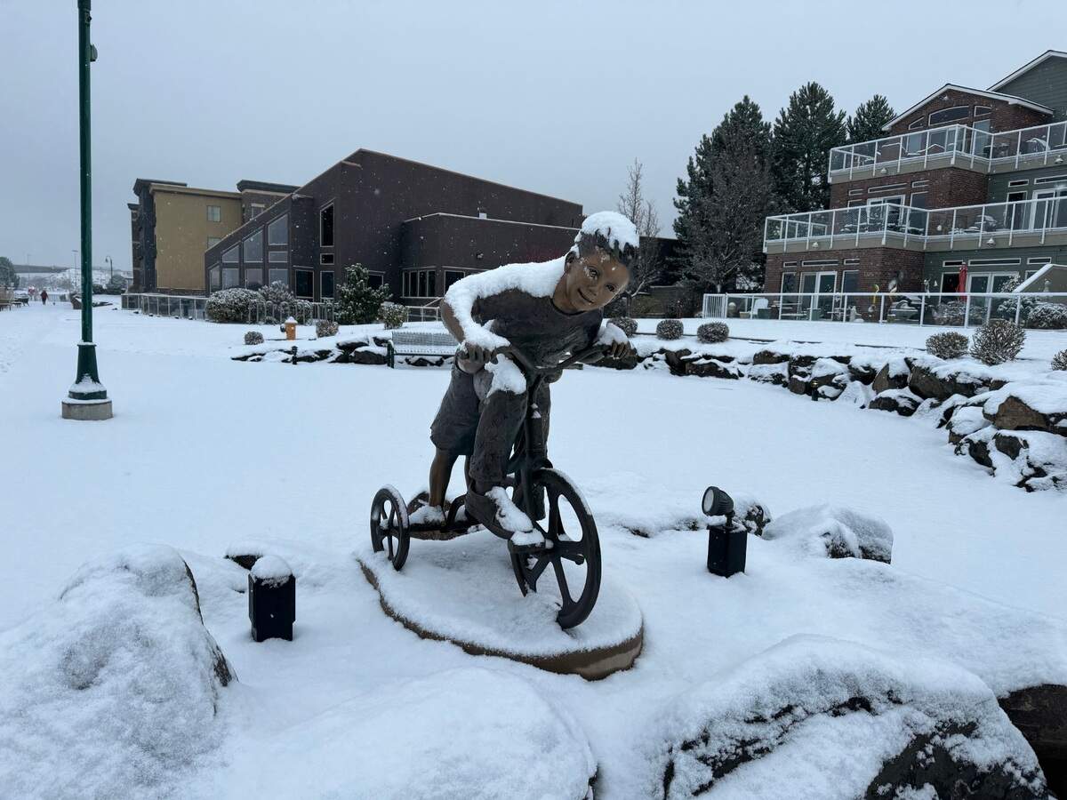 A statue of children on a tricycle near the Columbia Point Marina was covered in snow Friday morning.