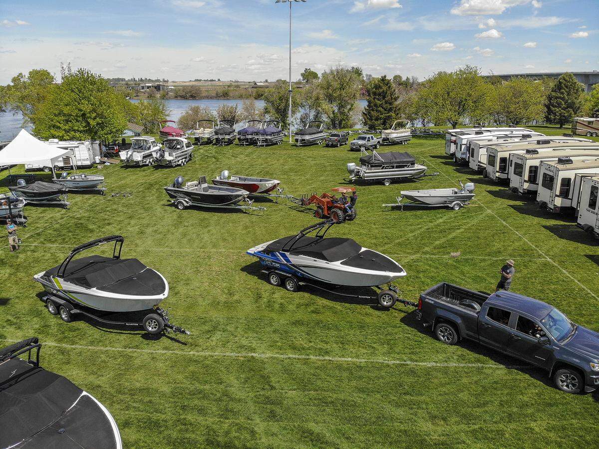 Organizers prepare for the Mid-Columbia Boat & RV Show at Columbia Point Marina Park in Richland.