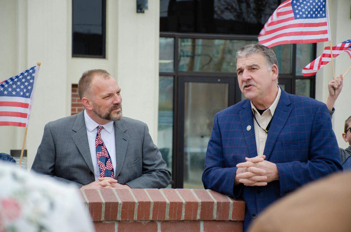 Franklin County Sheriff Jim Raymond, right, provides his endorsement for Charles Grimm, a longtime grocer who announced his candidacy for the Pasco City Council.
