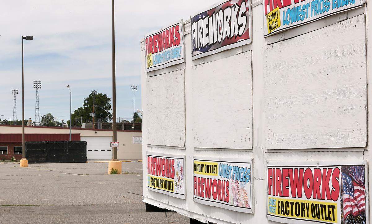Two fireworks stands are set up and ready for annual Fourth of July sales in the parking lot of a former grocery store on Lee Boulevard near Goethals Drive in Richland.