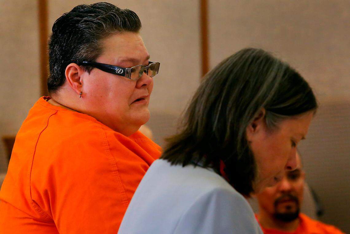Chiloe Chervenell, left, changes her plea Tuesday in Franklin County Superior Court with her defense attorney Shelley Ajax standing with her. She pleaded guilty to killing her longtime partner, Kathy Chervenell-Brinson.