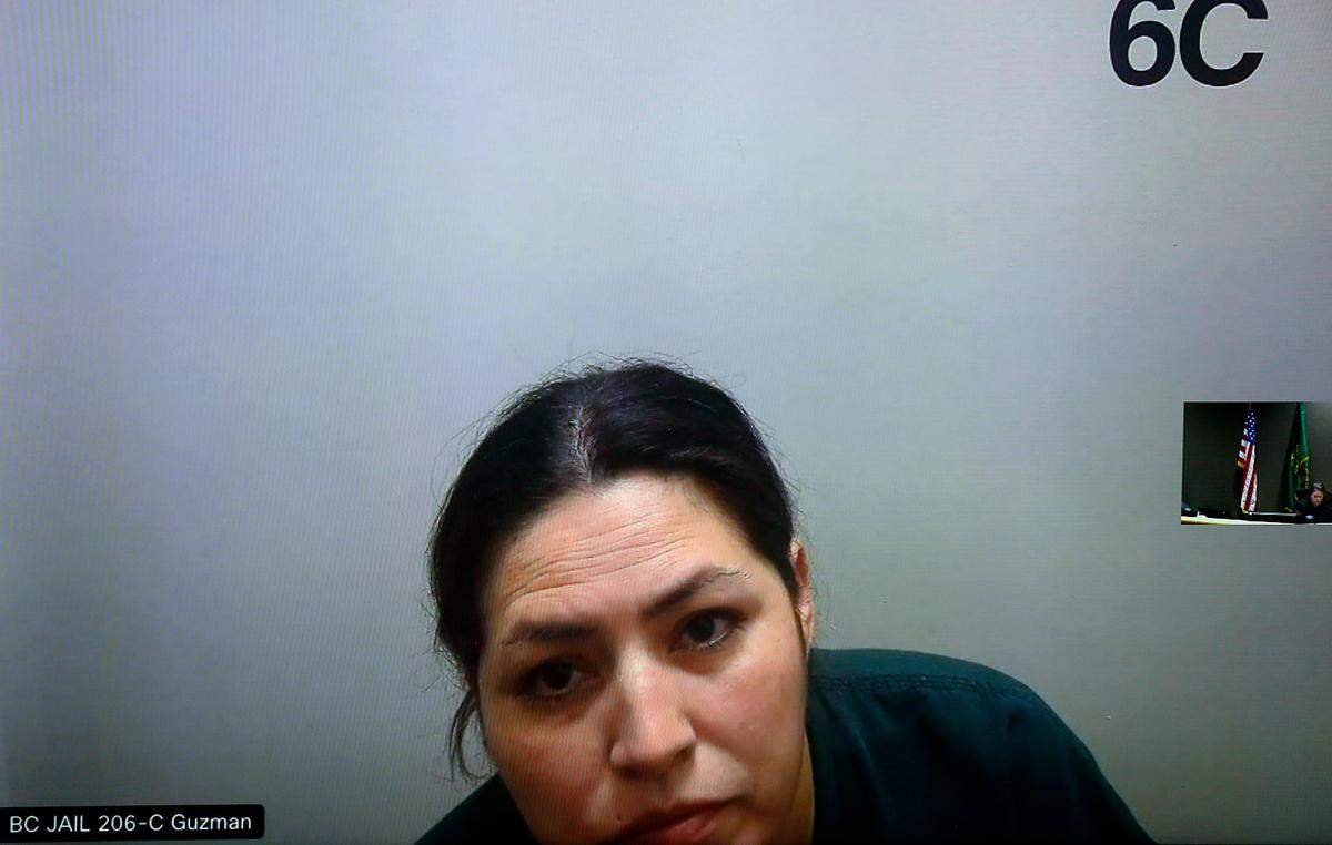 Rosalina Guzman, mother of murder suspect Felipe Manjares, 19, appears via video link Friday in Benton County Superior Court in Kennewick. Guzman has been charged with first-degree rendering criminal assistance. She entered a not guilty plea and her bail was set at $250,000. She was arrested in Oklahoma. Guzman has been charged with first-degree rendering criminal assistance. She was extradited back at the same time. Her bail was set at $250,000. She also entered a not guilty plea.Felipe Manjares, 19, who is one of two people accused of killing Michael Castoreno, 21, at a Richland apartment complex, appears via a video link in Benton County Superior Court in Kennewick. He was arrested in Kingsfisher, Okla., on May 5 with the help of the U.S. Marshals fugitive task force after a nationwide warrant for his arrest was issued in April.