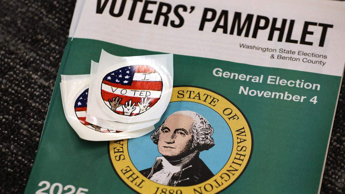 A voters' pamphlet and "I Voted" stickers were available Tuesday at the Benton County Elections Center at the building in Kennewick.