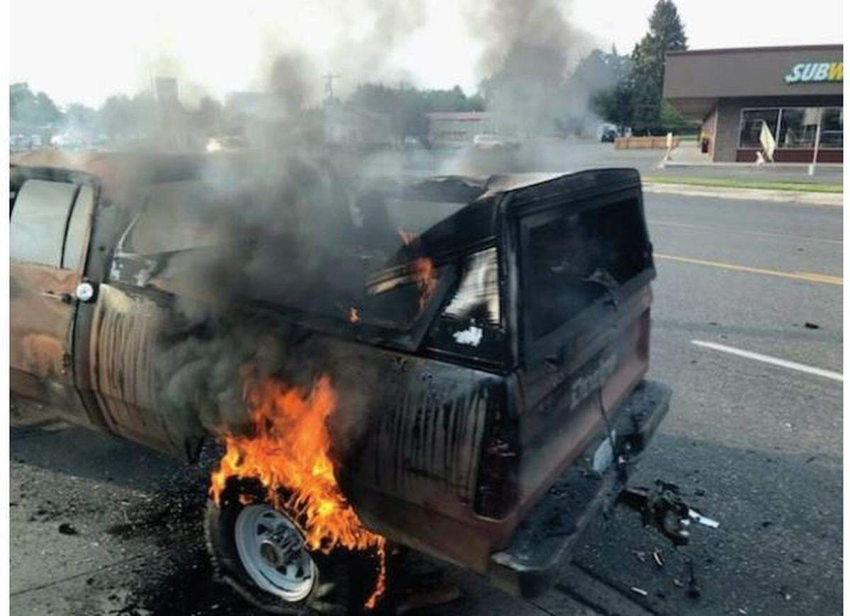 Ryan Kaufman’s truck continued to burn after the shootout in West Richland on Aug. 25, 2021. The fire set off ammunition inside the truck.