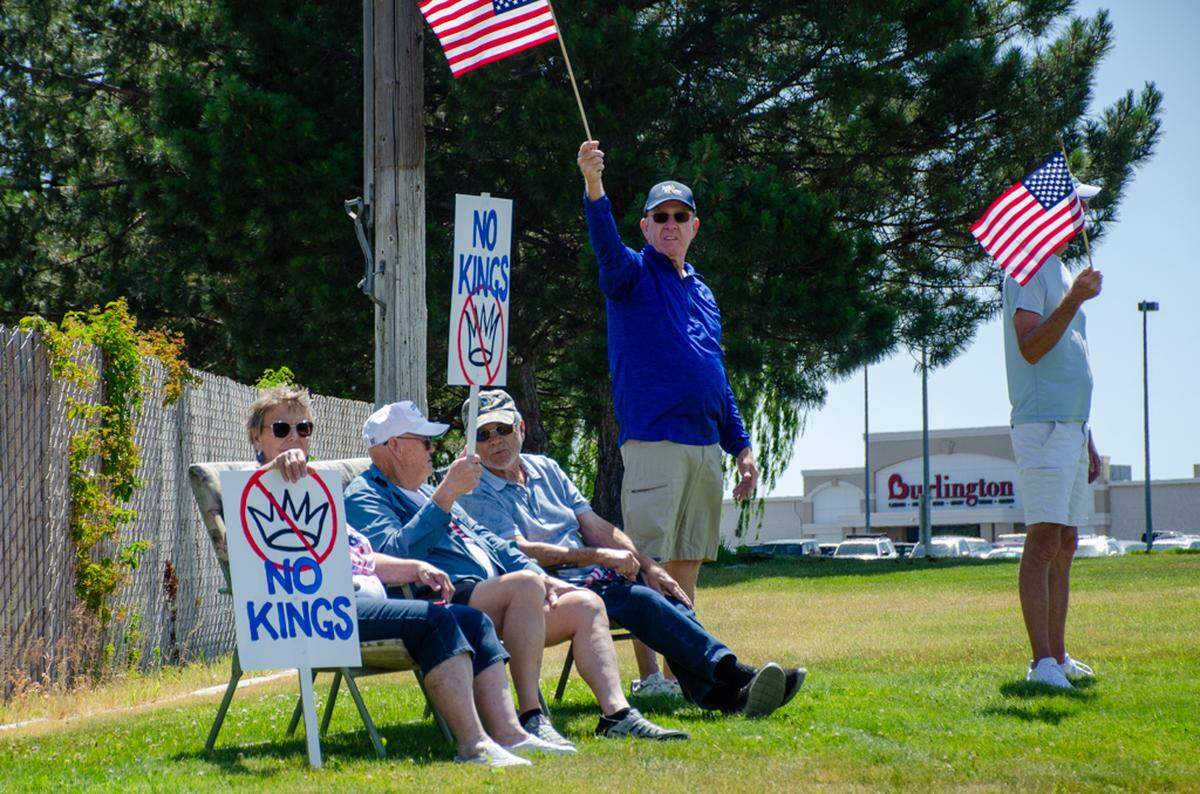 Thousands gathered Saturday, June 14, 2025, along Columbia Center Boulevard in Kennewick, Washington, for the nationwide “No Kings” protest. They demonstrated against President Donald Trump’s policies and against arrests made in the Hispanic community by U.S. Immigration and Customs Enforcement, or ICE. 