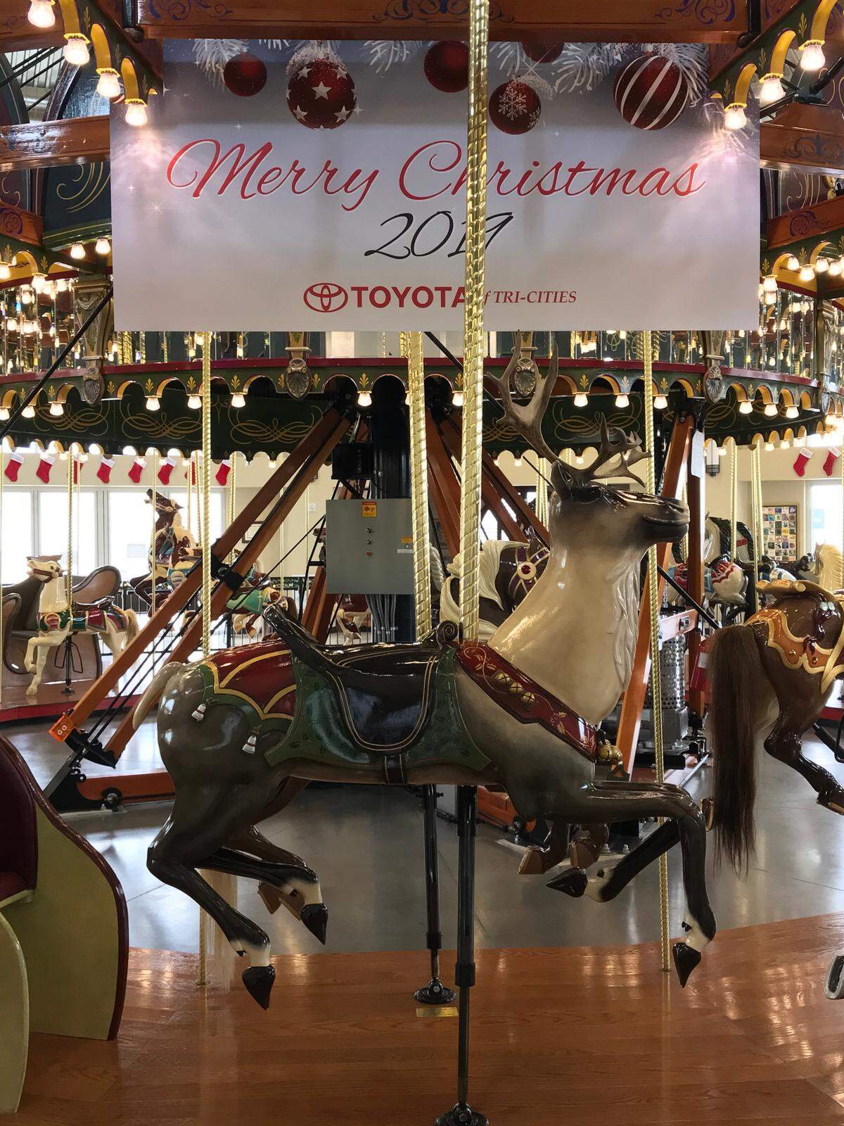 “Jingles” the reindeer is back at the Gesa Carousel of Dreams through Jan. 12 for holiday rides.