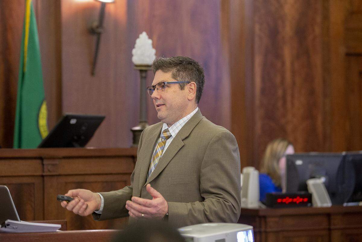 Prosecutor Shawn Sant gives his closing arguments to the jury for the double-murder trial of Hector Orozco Jr. on Wednesday at Franklin County Superior Court in Pasco.
