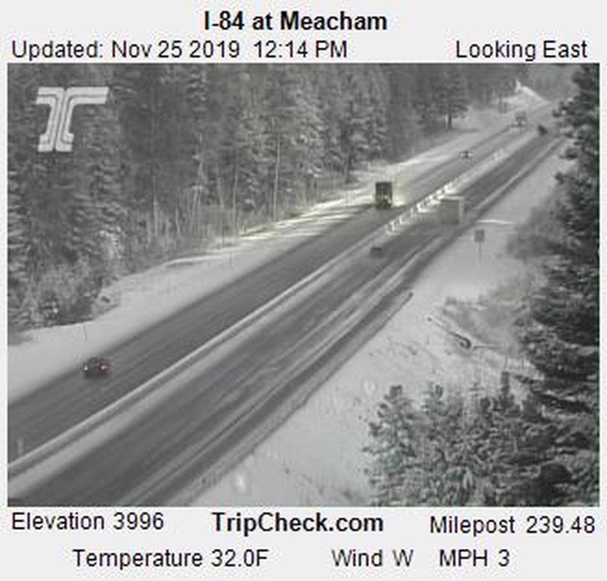 The traffic camera view near Meacham, Ore., on Interstate 84 early afternoon Monday.