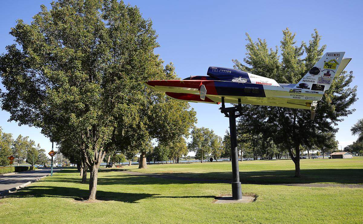 The Miss Tri-Cities unlimited hydroplane display at the entrance to Columbia Park in Kennewick. 