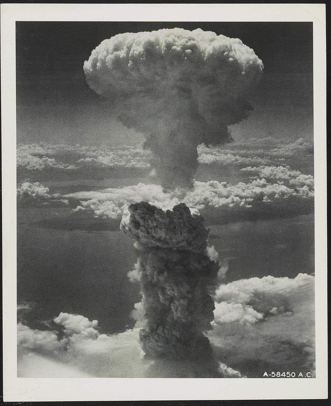 A mushroom cloud climbed to 30,000 feet after the atomic bomb containing a warhead with Hanford plutonium was detonated over Nagasaki, Japan, on Aug. 9, 1945.