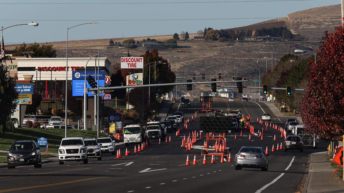 Workers will be painting the striping on the new asphalt for the improvement project at the intersection of West Gage Boulevard and North Steptoe Street in west Kennewick. Drivers can expect delays through Friday.