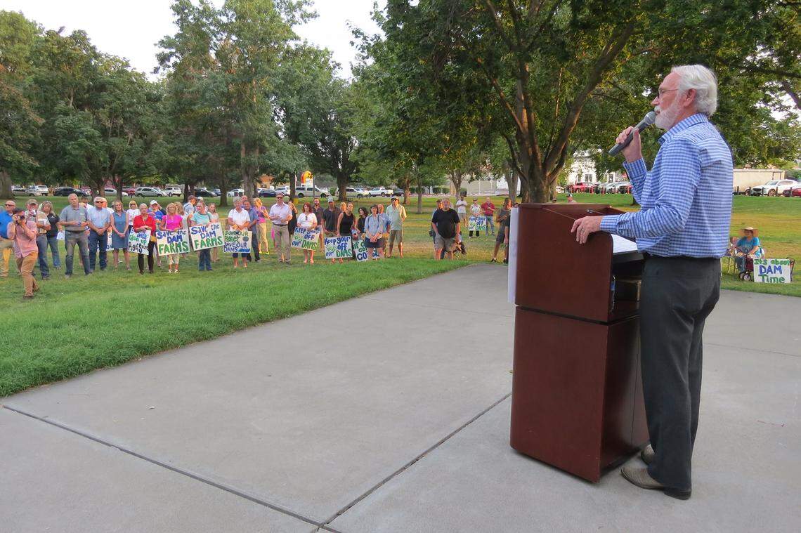 Rep. Dan Newhouse, R-Wash., led a rally of well over 100 people Monday night at Howard Amon Park in Richland to oppose removal of the lower Snake River dams in Eastern Washington.