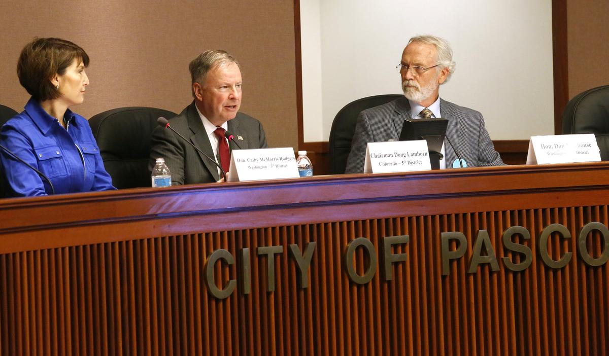 Cathy McMorris-Rodgers, Doug Lamborn and Dan Newhouse, from left, hold a U.S. House Natural Resources Committee field hearing Monday in the Pasco City Hall Council Chambers. Watch a video at: tricityherald.com/video