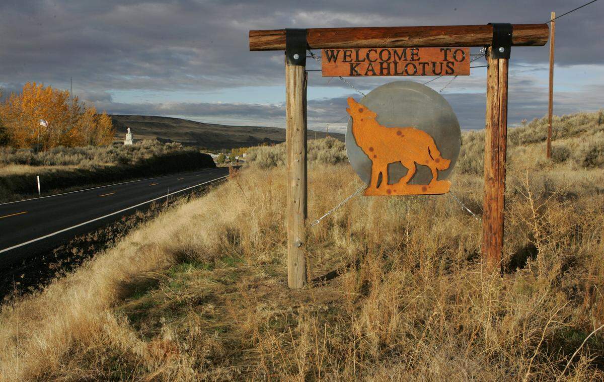 A coyote, which is the Kahlotus school mascot, welcomes visitors to the sleepy little farming community 50 miles north of Pasco. 