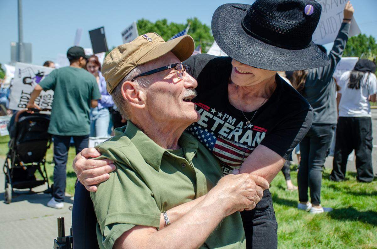 Thousands gathered Saturday, June 14, along Columbia Center Boulevard in Kennewick, Washington, for the nationwide “No Kings” protest. They demonstrated against President Donald Trump’s policies and against arrests made in the Hispanic community by U.S. Immigration and Customs Enforcement, or ICE.
