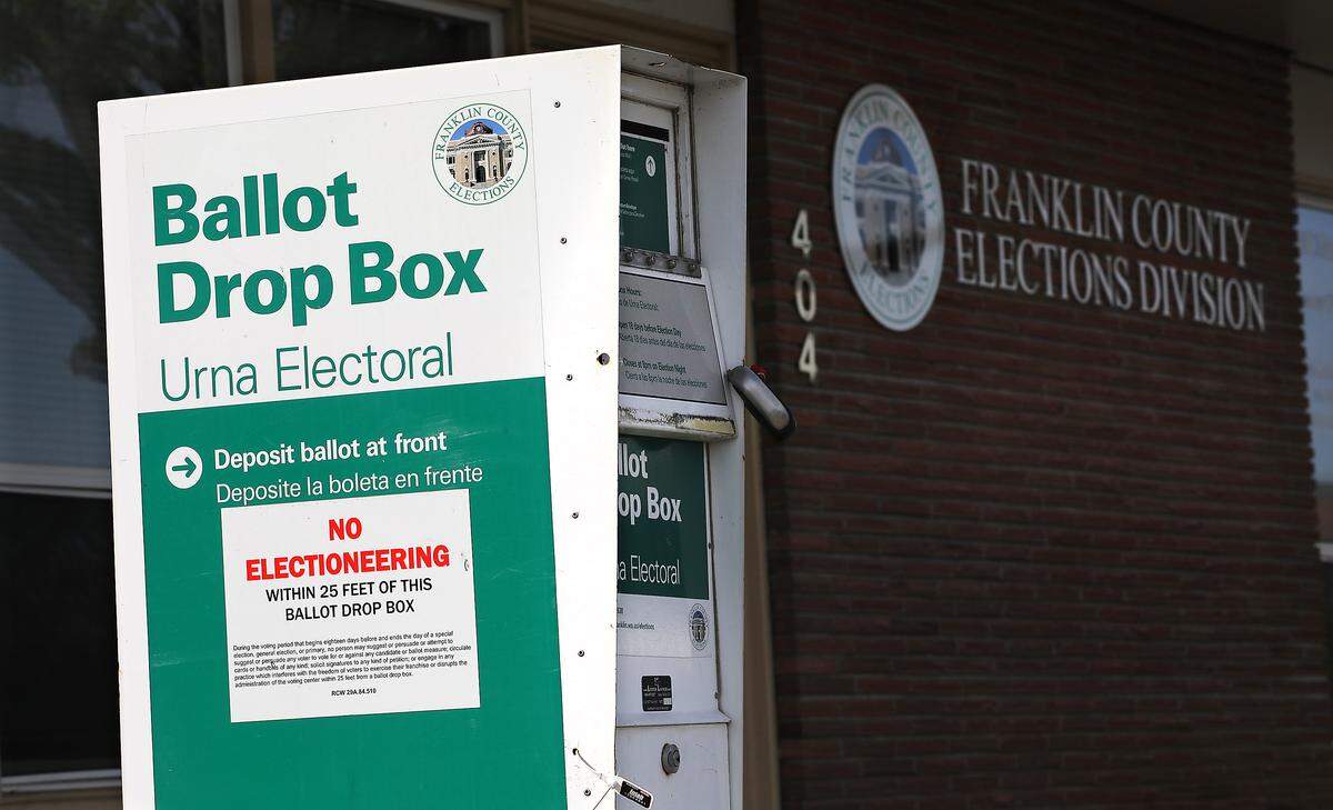 Ballot drop box outside the new Franklin County Elections Division office building at 404 W. Clark St. in Pasco