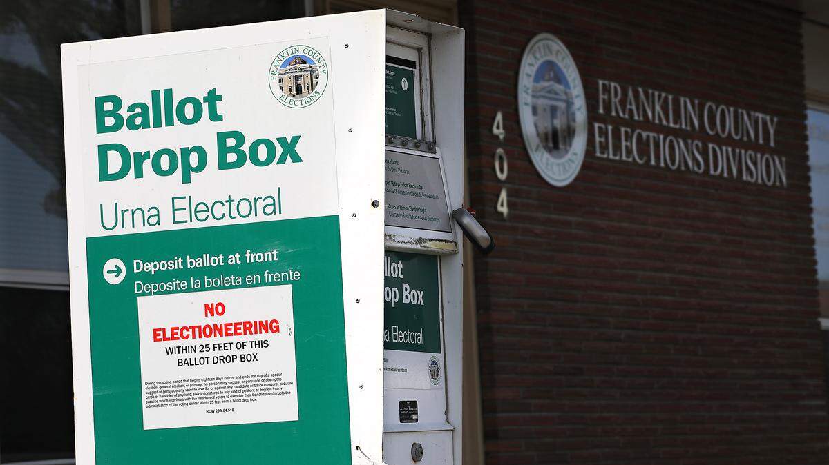 Ballot drop box outside the new Franklin County Elections Division office building at 404 W. Clark St. in Pasco