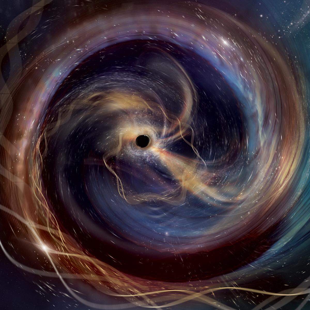Artistic representation of a ringing rotating black hole. It is shown from the view of one of the black holes as it spirals toward its cosmic partner.
